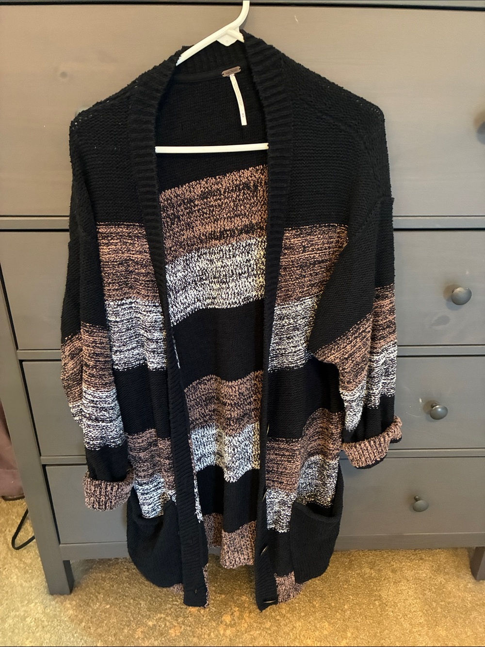 Free People Black Cardigan with Brown and Gray Stripes